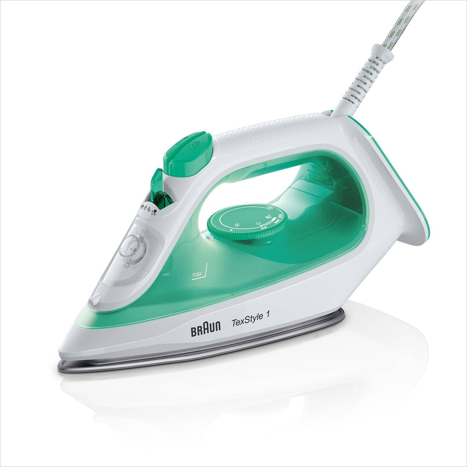 مكواة بخار براون TexStyle 1 SI 1040GR مكواة مزوّدة بقاعدة SuperCeramic، مع بخار عمودي، بقدرة 2000 واط، باللون الأخضر.