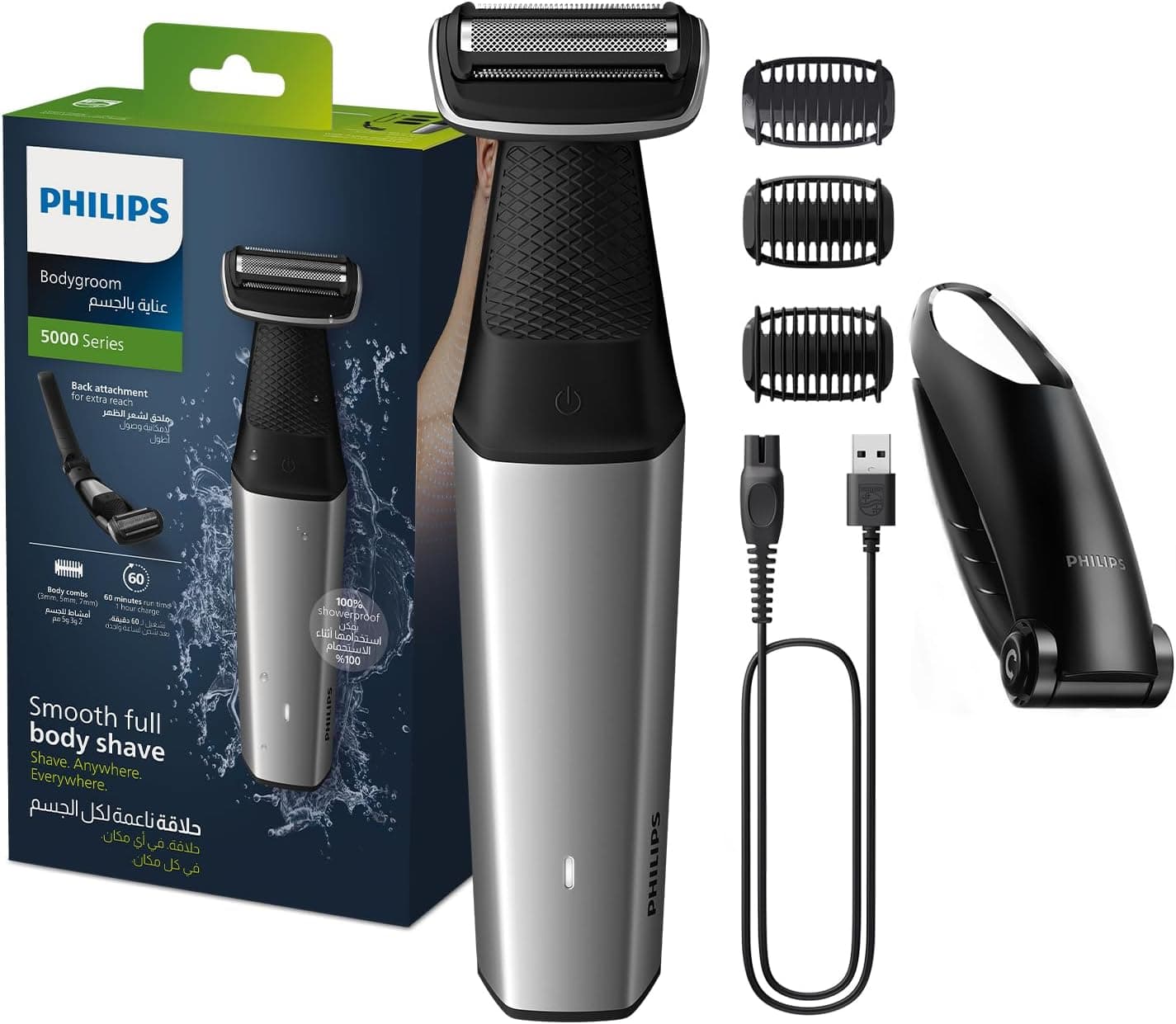 ماكينة تشذيب شعر الجسم BG5021/15 من Philips | أداة تشذيب الجسم والفخذين المقاومة للماء | مشط قابل للتعديل بـ 3 إعدادات للطول | 60 دقيقة من الاستخدام اللاسلكي، حماية للبشرة، ملحق للوصول إلى الظهر