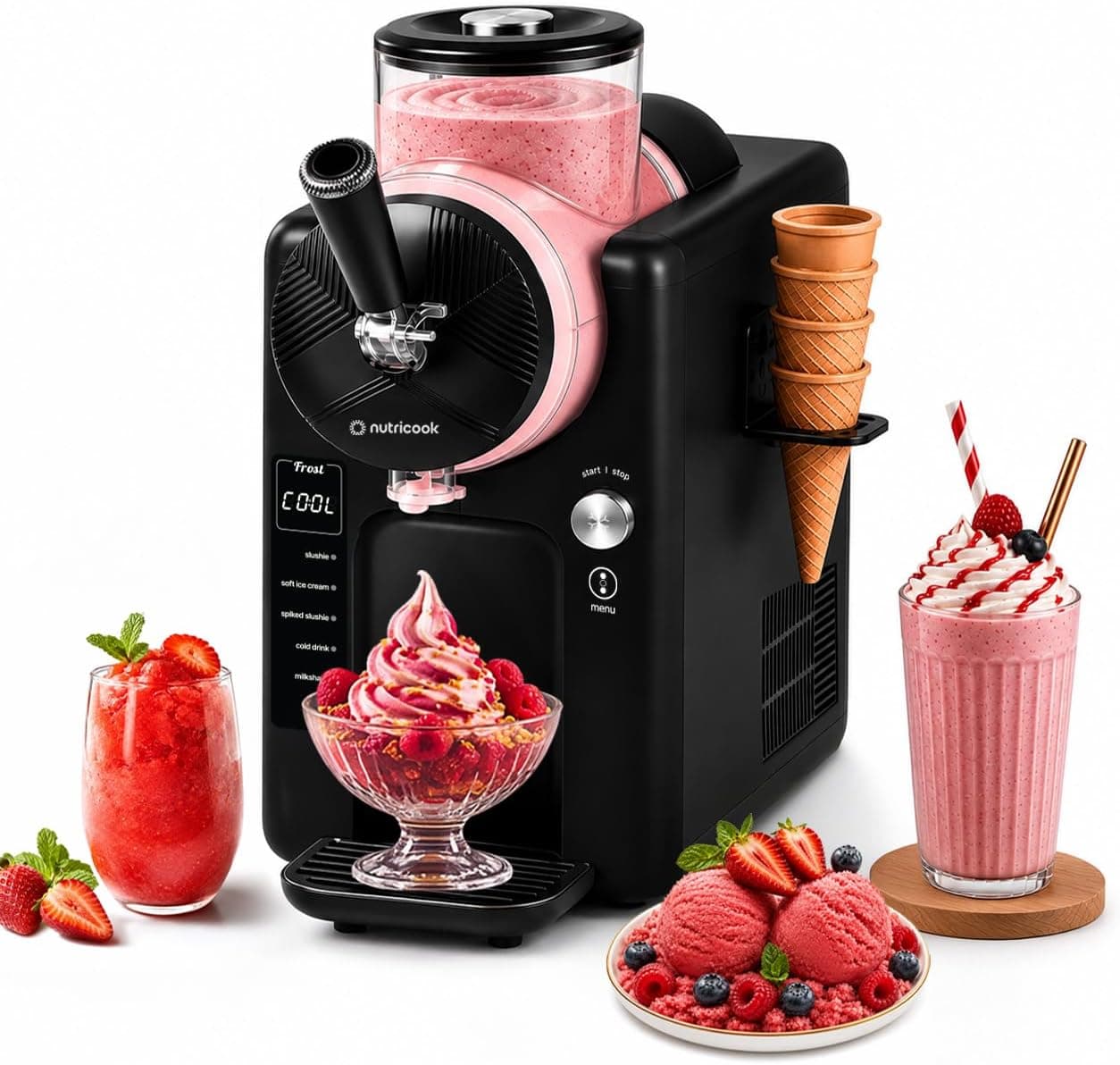 Nutricook ماكينة صنع الآيس كريم فروست – ماكينة صنع الآيس كريم الناعم والمشروبات المجمدة 2 في 1 مع ضاغط مدمج | 6 أوضاع لتحضير الحلوى المجمدة، 7 إعدادات للقوام، سعة 1.8 لتر